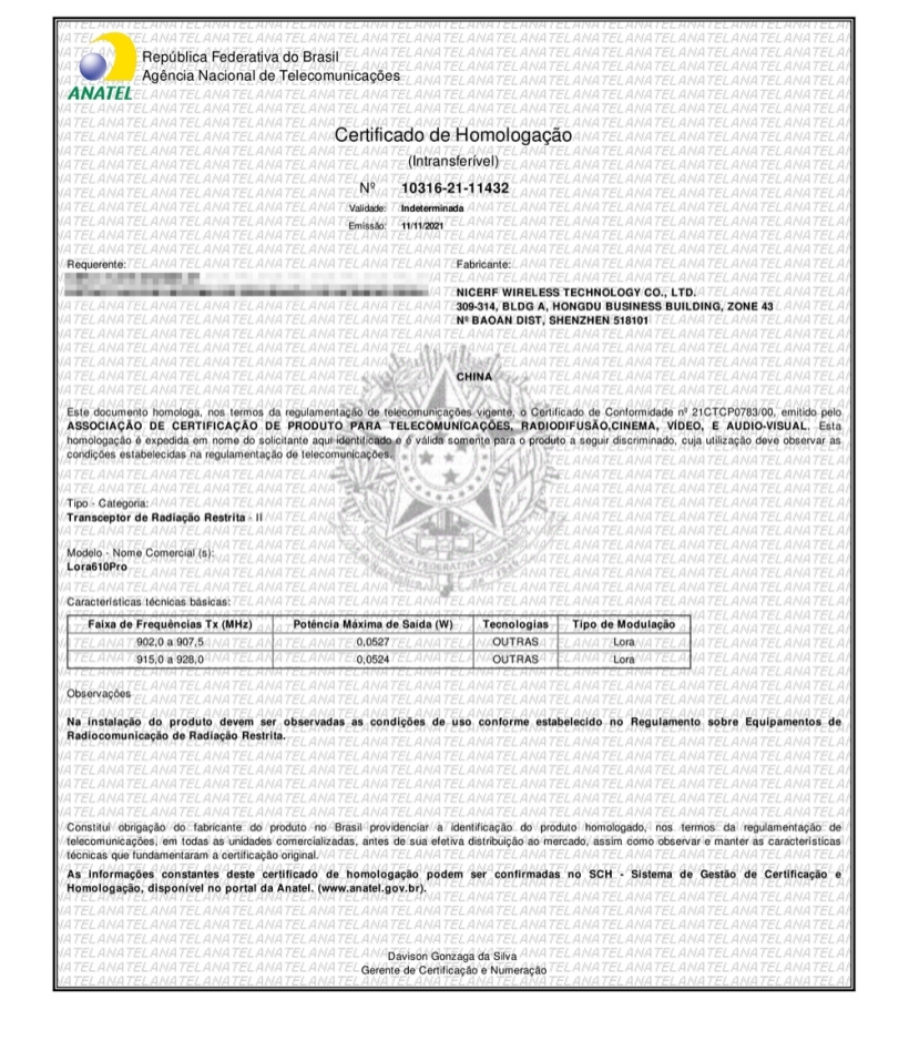 LoRa610Pro模块 ANATEL证书