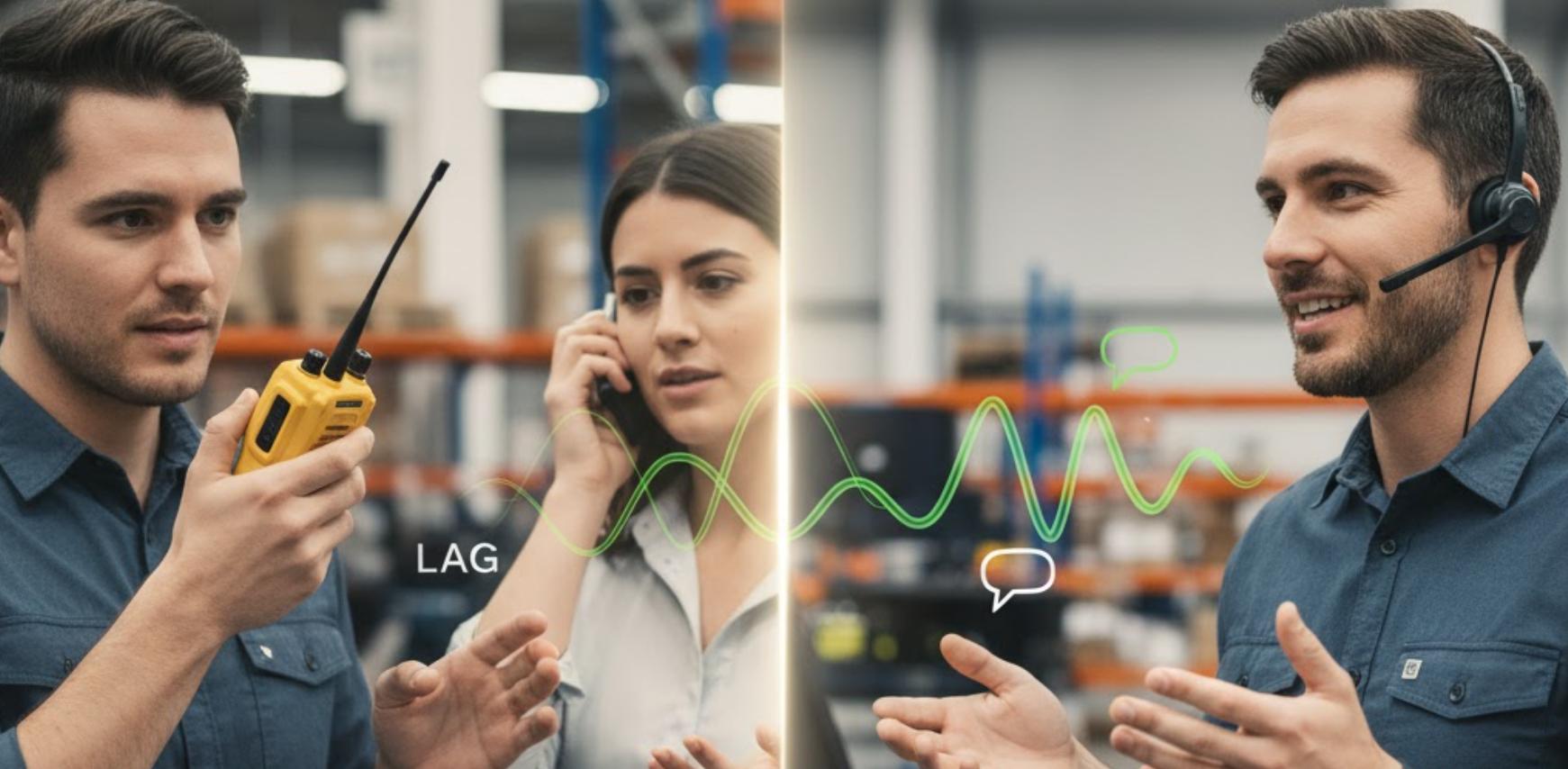 显示半双工延迟 vs. 全双工清晰、即时通信的视觉对比